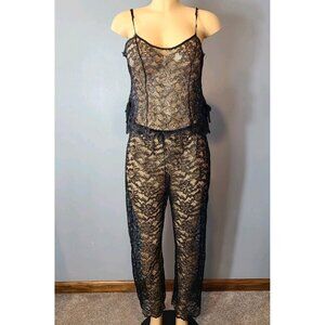 Vtg Pajama Set Black Lace Womens Sz Small 2 Pc Fairy Dark Romantic Floral Goth